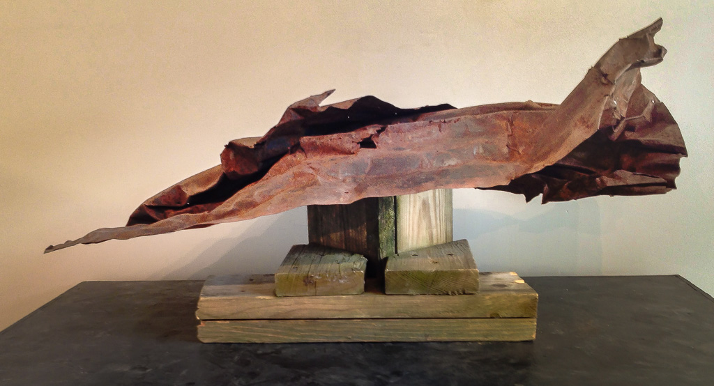 Wave left view, metal and wood, 17'H x 41"W x 16"D